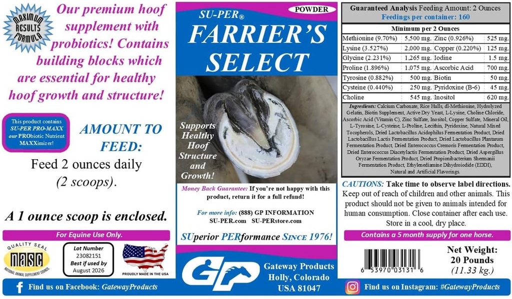 SU-PER Farrier's Select Hoof תוסף - Horse Premium Hoof Care תוספת עם Probiotics - בריאות Hoof Growth - 20 פאונד, 5 חודשים אספקה