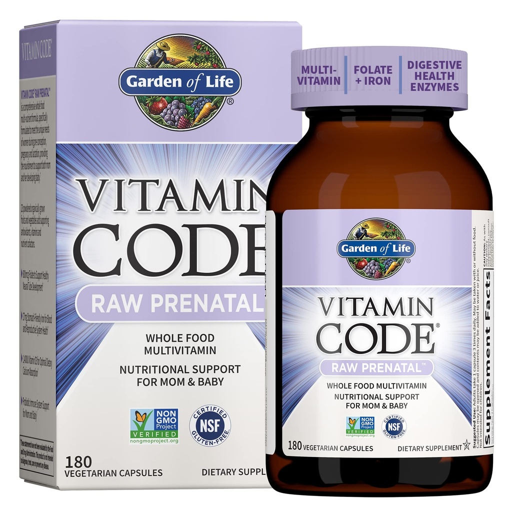 גן החיים Prenatal Multivitamin עבור נשים ממזונות שלמים עם ביוטין, ברזל ו Folate לא Folic Acid, Probiotics for Immune Support - קוד ויטמין Raw הריון חייב להיות - 180 קפסולות