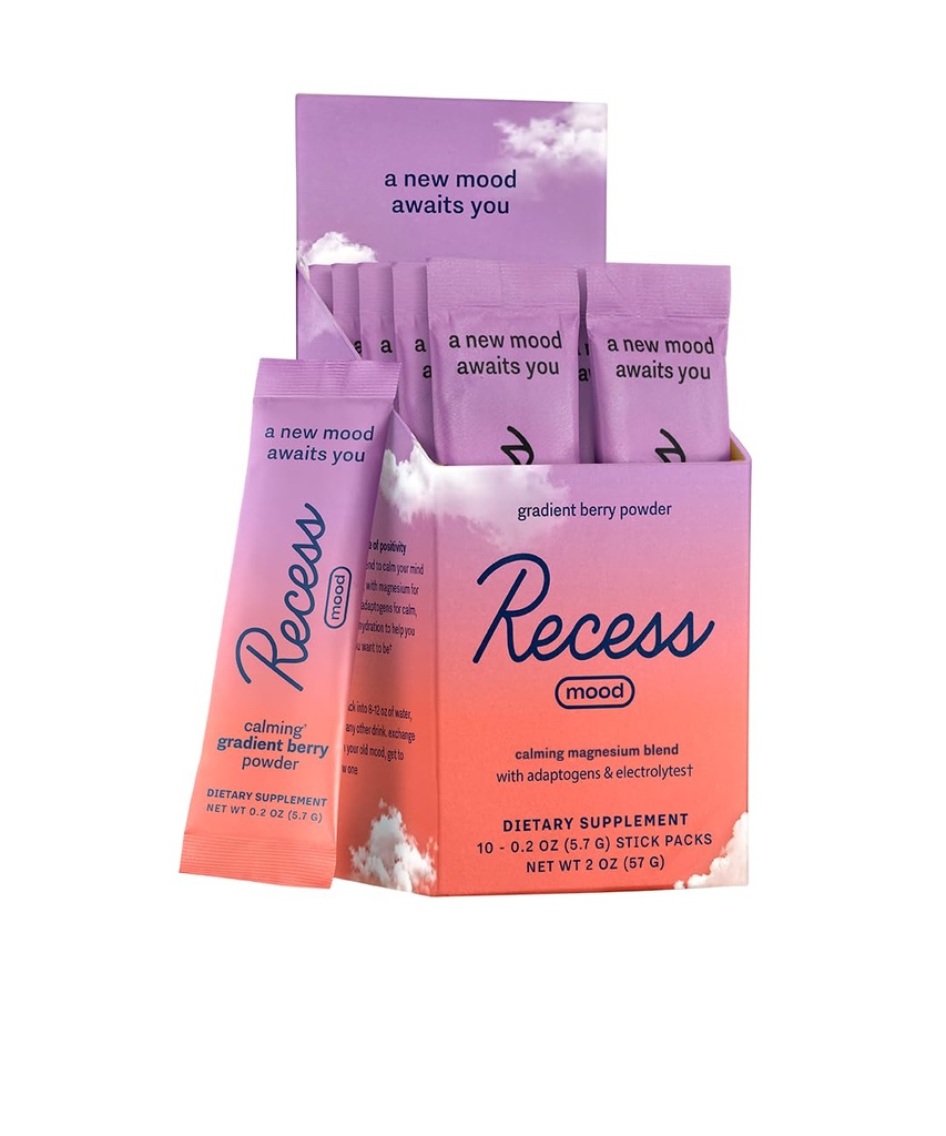 Recess Mood אבקת, Calming Magnesium L-Threonate בלנדר עם פרח תשוקה, L-theanine, אלקטרוליטים, Magnesium Calm תמיכה תוסף - Gradient Brad Pack של 10