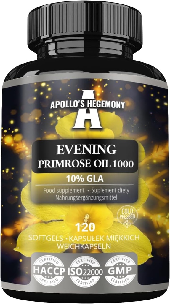 APOLLO'S HEGEMONY Evening Primrose Oil 1000 מ"ג עם ויטמין E - 100 מ"ג של GLA Acid - 120 קפסולות Softgel - 4 חודשים אספקת מזון - תוספת לתמיכה ב- Hormonal Balance ו- Skin Health