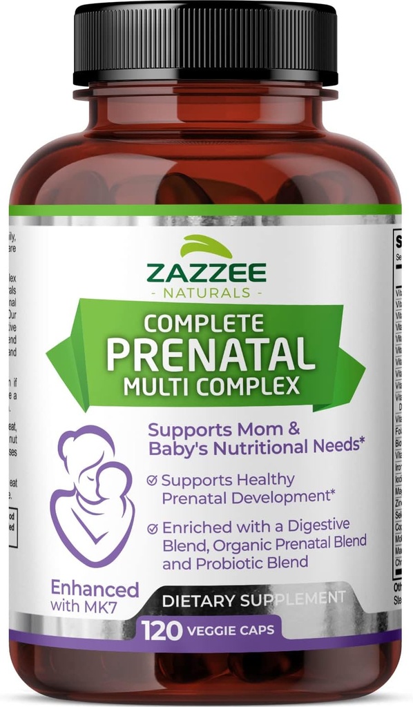 Zazzee תוספת כוח שלם Prenatal Multi Complex, 120 קפסולות טבעוניות, 2 חודשים אספקה, 23 ויטמינים ומינרלים חיוניים, MK7, 10 מיליארד CFU Probiotics, Prenatal Enzymes, תערובת צמחית