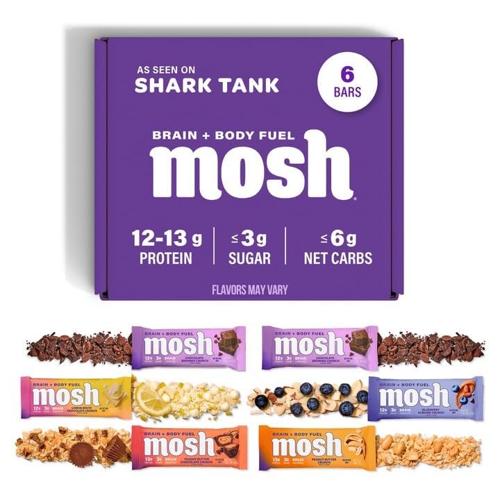 MOSH Variety Pack Keto חלבונים Bars, סיבים גבוהים, Low Carb, Gluten Free, גבוה חלבונים, Brain Healthy חטיף עם Ashwagandha, Lion's Mane, 6 Count