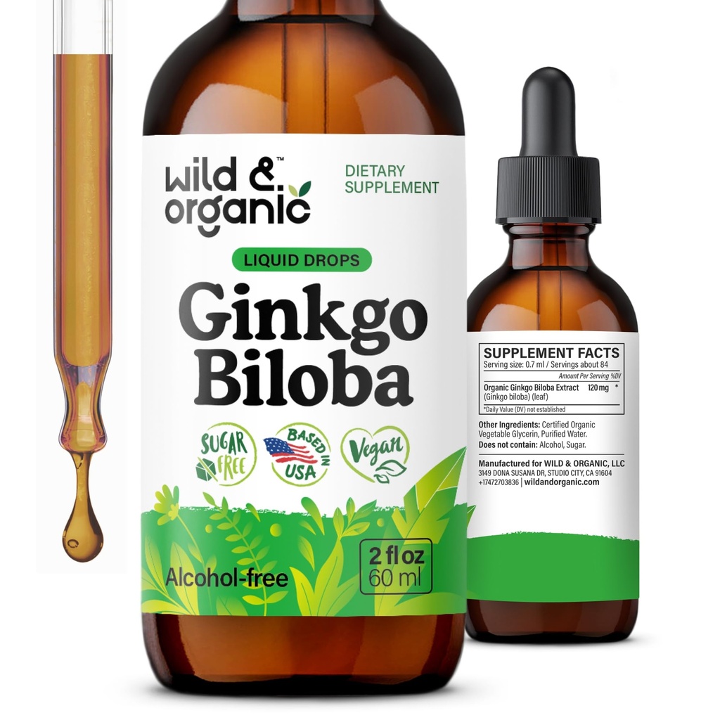 Wild & אורגני גינקו Biloba Tincture - Brain & Focus Support with Genekgo Leaf תוסף - טבעוני, סוכר ואלכוהול חינם Herbal Extract Tincture - 2 oz