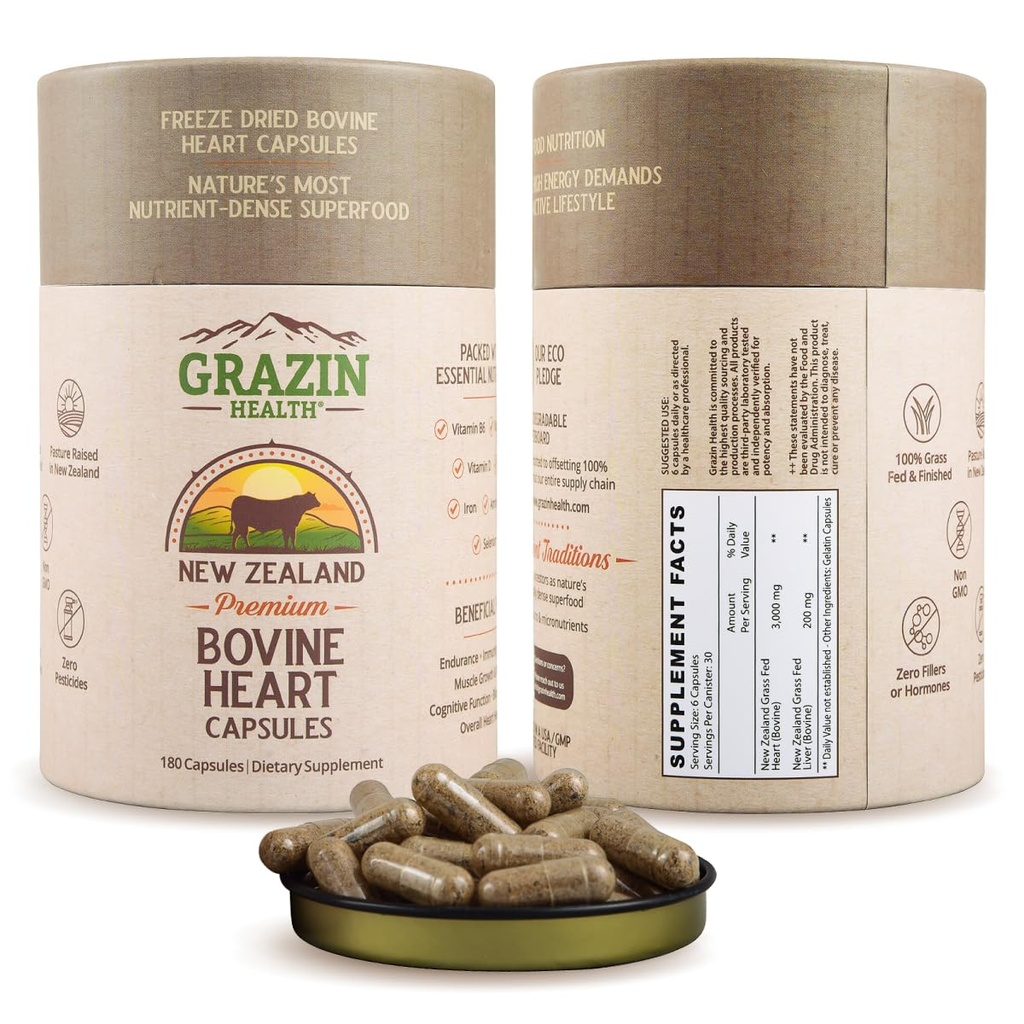 Grass-Fed Freeze-Dried Bovine Heart & Liver קפסולות 3000 מ"ג ל-CoQ10, Iron, Zinc & B12 for Natural Heart, Energy, and Immune Support