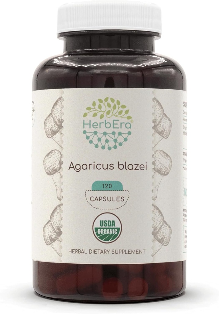 HerbEra Agaricus Blazei USDA אורגני 120 קפסולות | תוספי צמחי טבעי | קפסולות וטרינריות אורגניות וצמחוניות אורגני Agaricus Blazei (Agaricus blazei murill) Dried Mushroom (120 קפסולות)