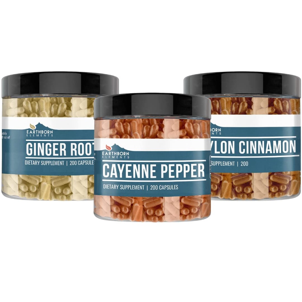 Earthborn Elements קייאן פפר, Ceylon Cinnamon & ג'ינג'ר Root Bundle (200 קפסולות כל אחד), Pure & Undiluted, ללא תוספות