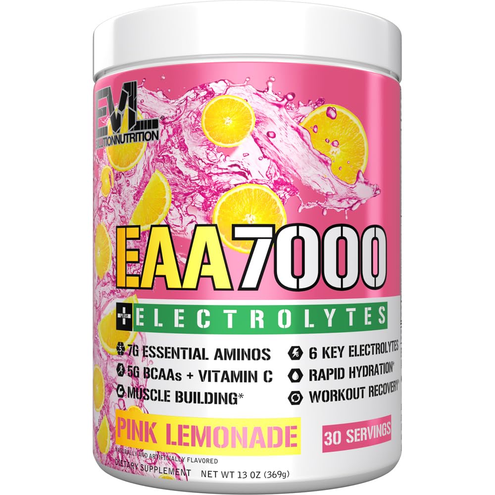 תזונה של Evlution EAA7000 + אלקטרוליטים - אבקת Pre & Post Workout - בניית שרירים + Recovery תוספת - 7g EAAs + 5g BCAAs + 6 אלקטרוליטים - הידרציה מהירה - 30 משרתים - פינק Lemonade