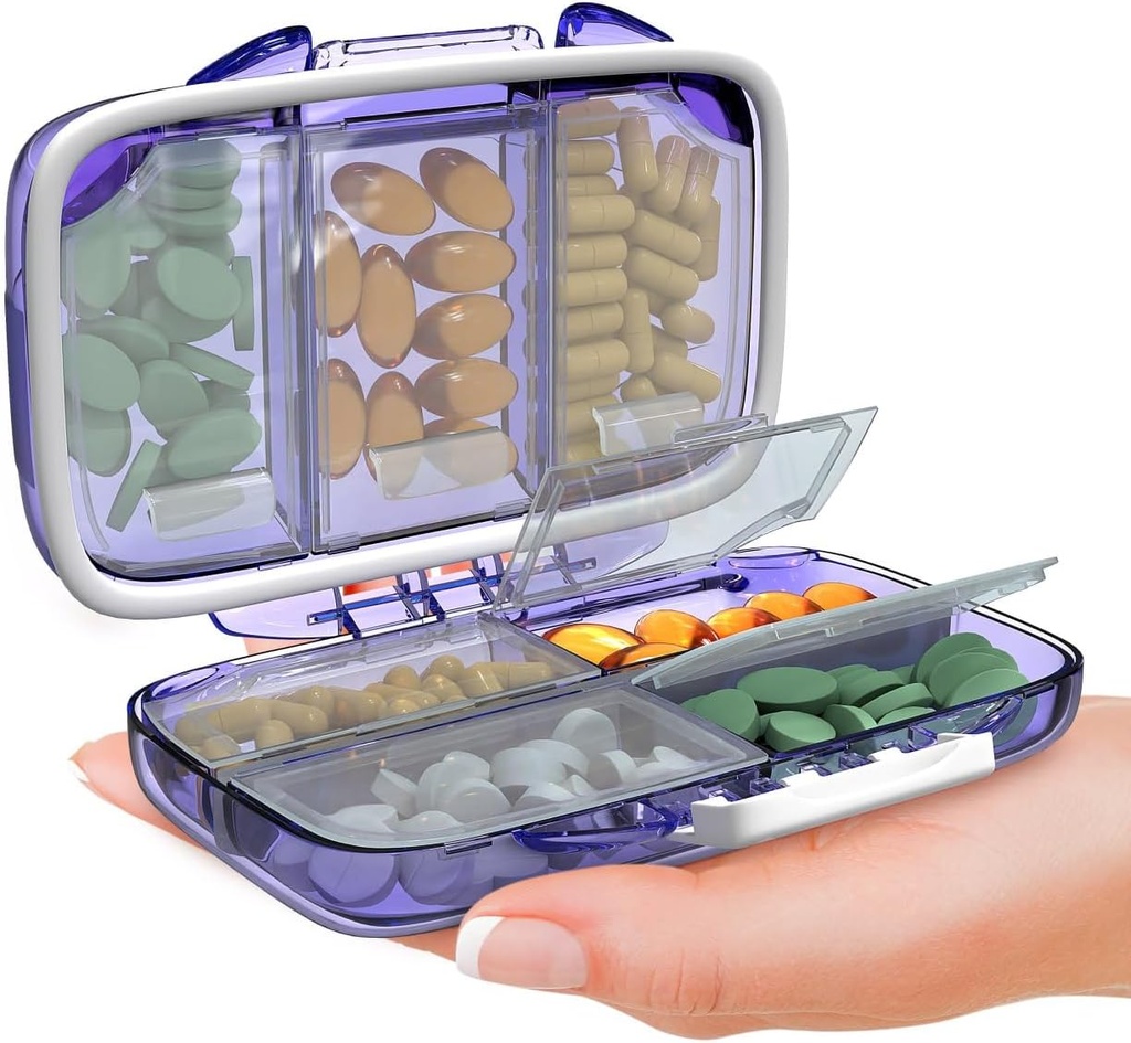 חברת Travel Pill Organer - Moisture Proof Portable Holder עם 7 השוואתיות, קומפקטית תוספת מקרה עבור Purse Essential Medicine Kit pot לנסוע Pocket Pharmacy עם תוויות, Purple Fit