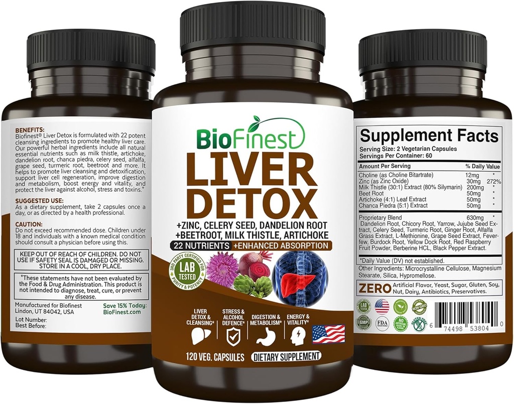 BioFinest Liver Detox תוספת - 22 חומרים מזינים חלב Thistle Artichoke Celery Seed Chanca Piedra Beet Root Dandelion Turmeric ג'ינג'ר - אלכוהול ניקוי אנרגיה מטבוליזם (120 Veg כמוסות)