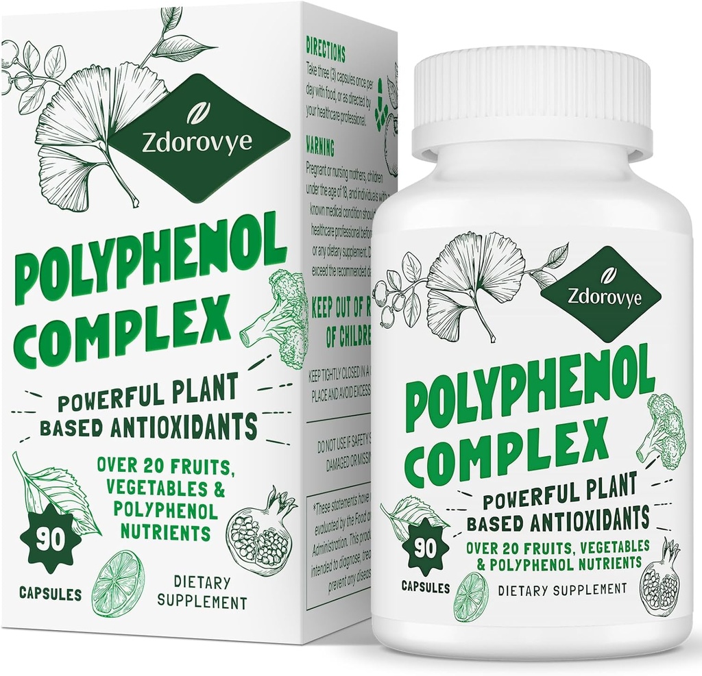 20in-1 Polyphenols תוסף מעל 20 פירות, ירקות ופוליפנולים, Powerful Antioxidants, Quercetin, Resveratrol, Turmeric, Green Tea, Polyphenols for Age Defense, Energy & Immune, 90 קפסולות