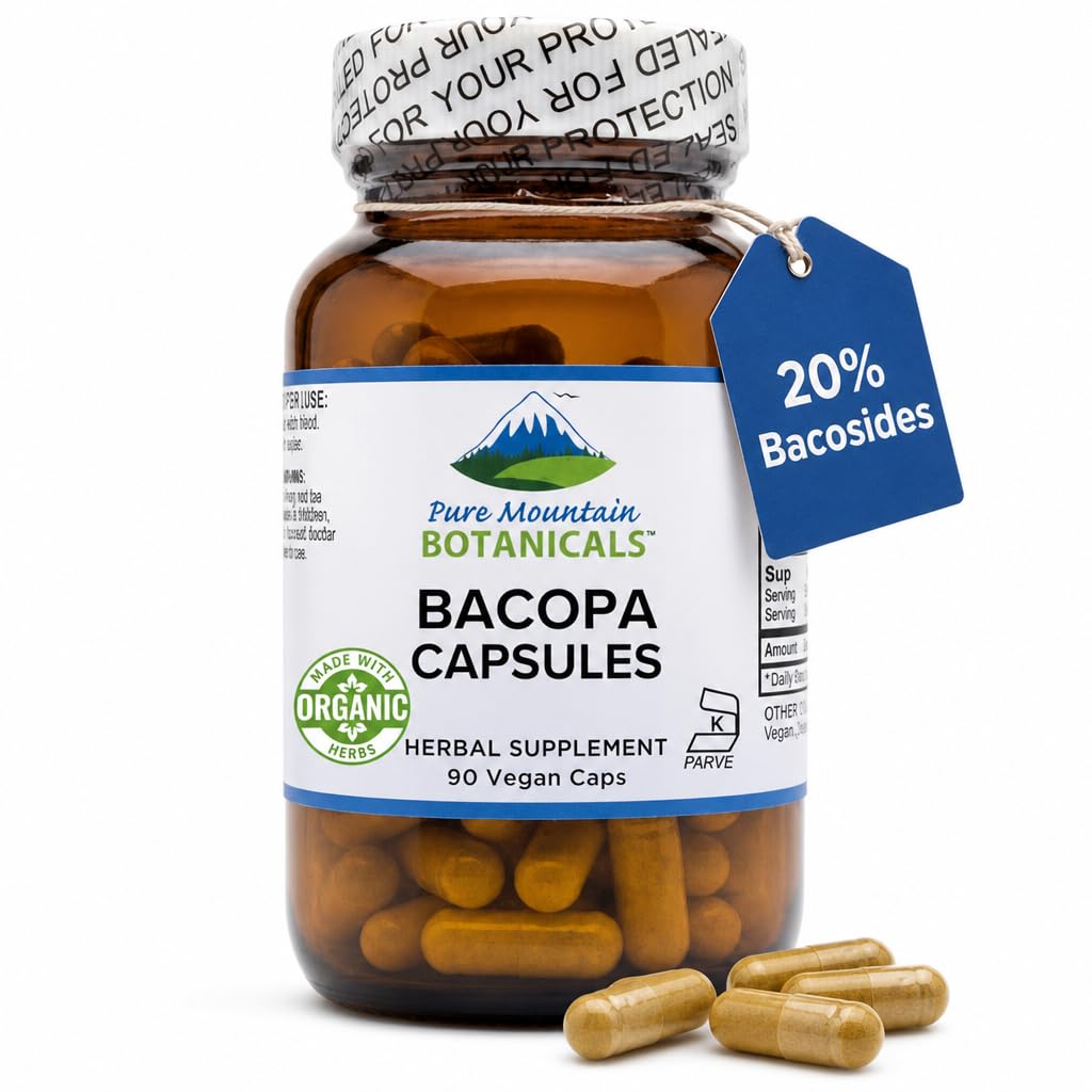 Pure Mountain הבוטנים Bacopa Monnieri קפסולות - טבעוני Caps with Organic Bacopa & Standardized Bacopa לחלץ תוסף
