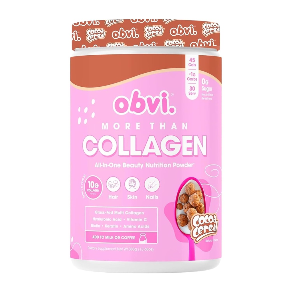 Obvi more Than Collagen אבקה | תמיכה שיער בריא, עור, ציפורניים, מפרקים, Gut | Grass-Fed Multi Collagen תוספת עם Hyaluronic Acid, Biotin, Keratin | Cocoa Cereal, 30 משרתי שמש