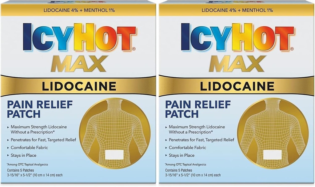 Icy Hot Max Power Lidocaine Pain Help Patch (5 Count) Penetrates for Fast, Targeted Relief (Pack of 2)
