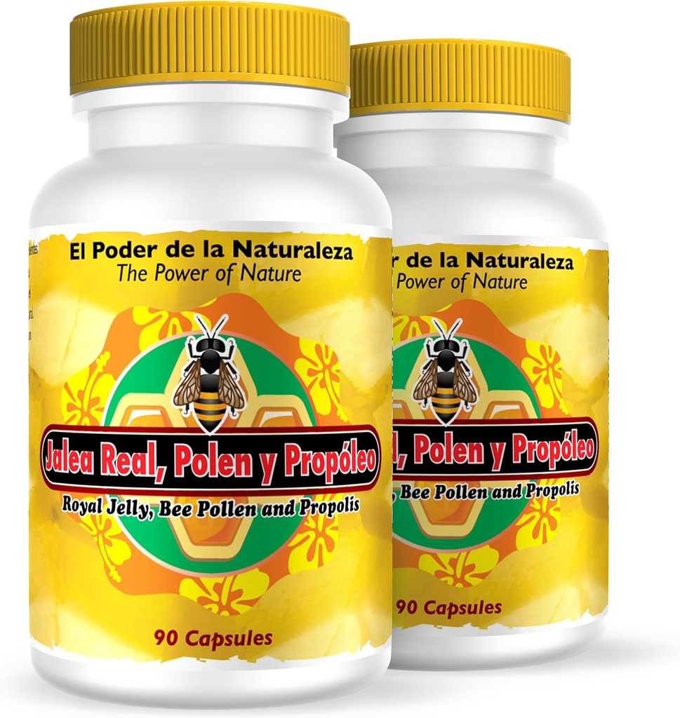 מוצרים מזינים Jalea Real, Polen y Propoleo en UNA sola capsula. מקסימה פוטניה טונקו רג'ונקודדור, energia Natural, .Set de 2 frascos con 90 caps. c/u.