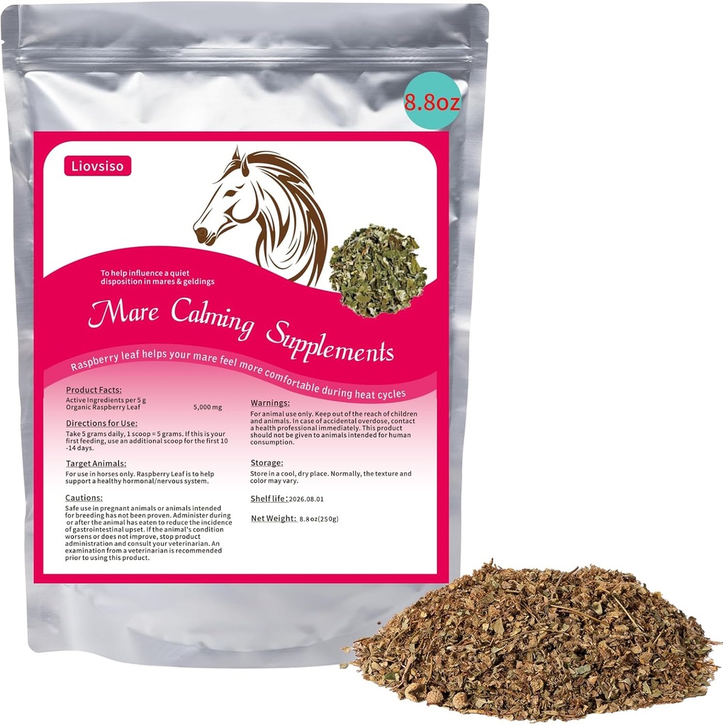 8.8 oz Horse Calming תוסף - Natural Raspberry Leaf Eases Anxiety and Discomfort in Moody Mars, Calms במהלך מחזורי חום - מתאים לגלינגס מדי