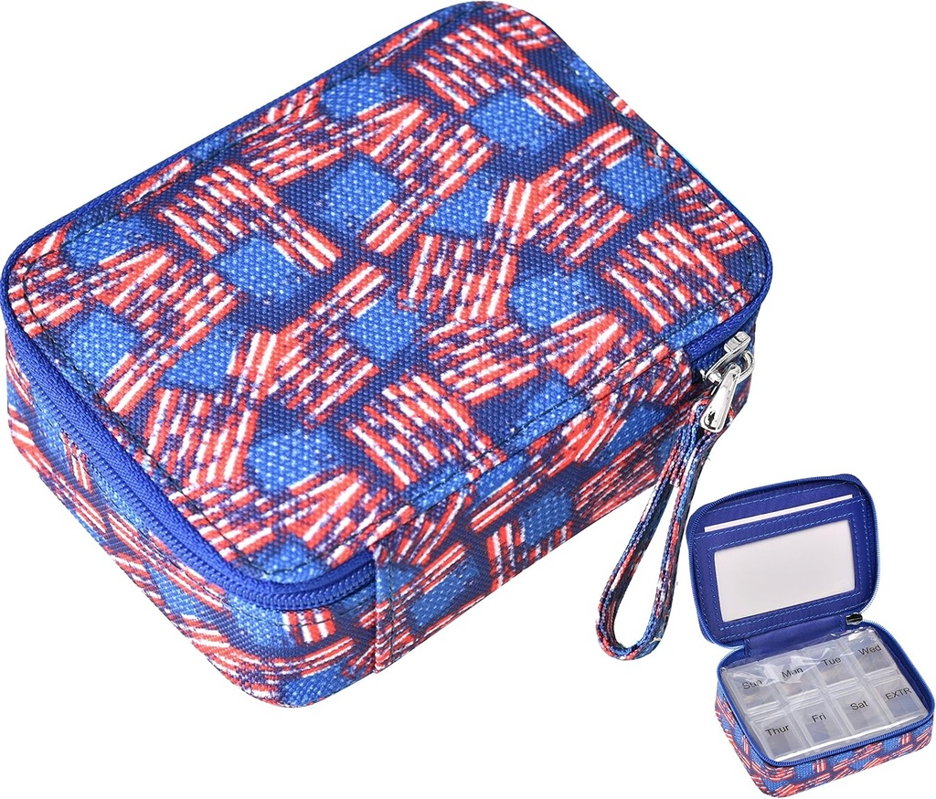 גלולות מארגנת Case Travel Medicine Box 7 יום ויטמין תוסף Zipper Pouch Bag (US Flag)