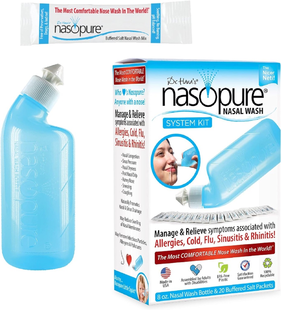 Nasopure Nasal Wash, System Kit, "The Nicer Neti Pot" Sinus Wash Kit, Comfortable Nasal Rinse 8 Oz & 20 Salt Packets (3.75 גרמים כל אחד), Nasalungestion, Cold, Flu, Allergy, Nasal Irrigation 8 Oz