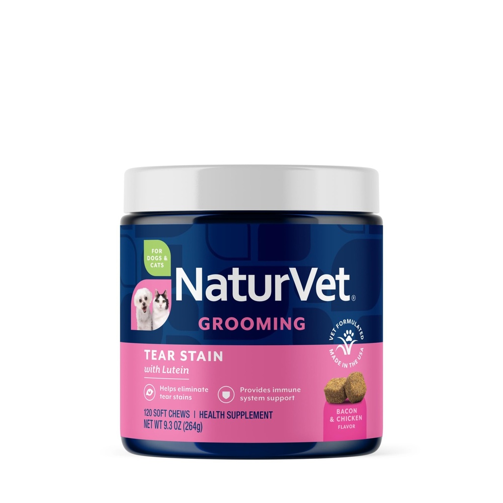 NaturVet Lutein Tear Stain תוספי כלבים וחתולים - מונע Tear Stains עבור הכלב, Cat Breeds - כולל אורגון Grape Root, Marshmallow Root, Cranberry לחלץ - 120 Ct.