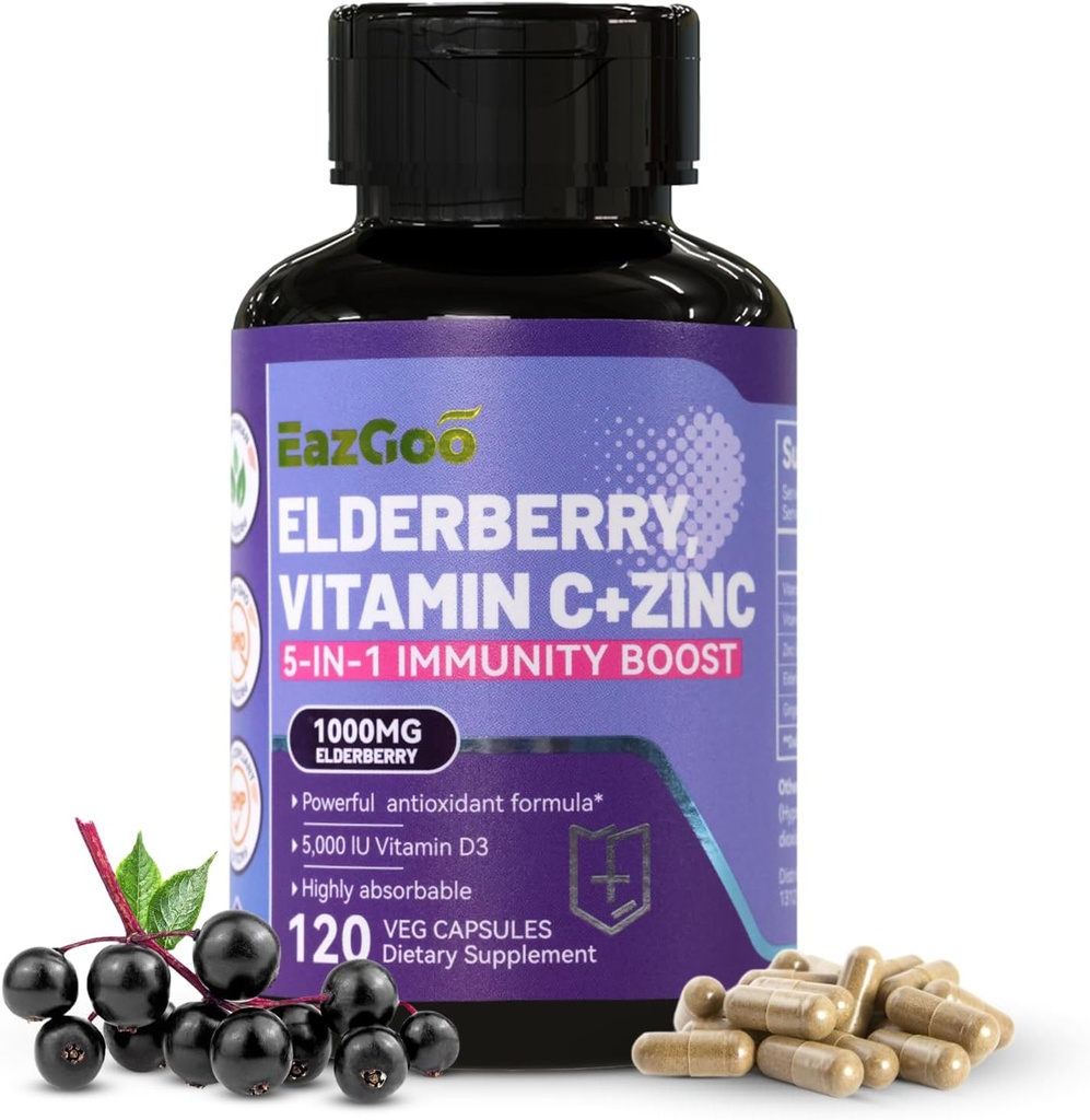 Sambucus Elderberry עם Zinc & ויטמין C - 5 ב 1 Immune תמיכה תוספת, non-GMO, 120 קפסולות צמחוניות, 2 חודשים אספקה