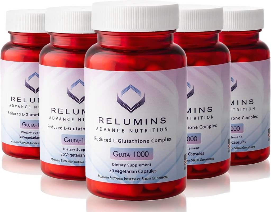 Relumins Advance Nutrition Gluta 1000 - מופחת L-Glutathione, Alpha Lipoic Acid & Rose HIPS, תמיכה אנטי-חמצן עבור Skin & Total Wellness, המיוצר בארה"ב - 30 קפסולות x 5 בקבוקים (75 ימים אספקה)