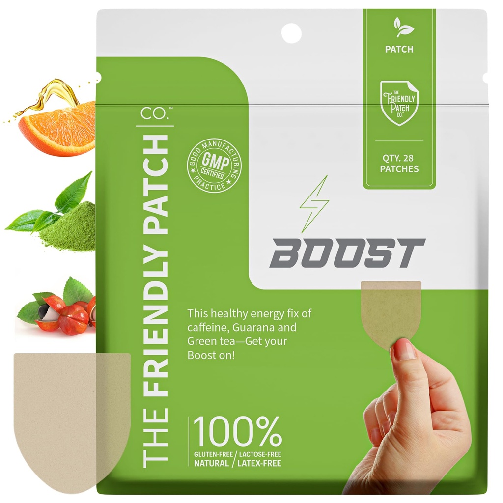The Friendly Patch Boost Energy Patch - 28 יום אספקה - אנרגיה & פוקוס פטס, Caffeine, Guarana - Clarity & Energy - Plant-Powered, Focus - איכות הסביבה