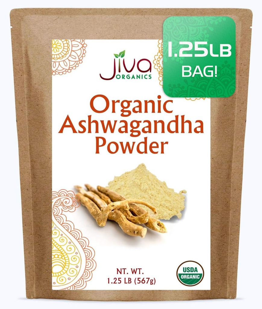 Jiva Organics Ashwagandha Root אבקת 1.25 פאונד (20oz) - Gluten Free, Indian גינזנג, Raw, Pure, non-GMO, מעבדה נבדקה אבקת הודו Ayurvedic