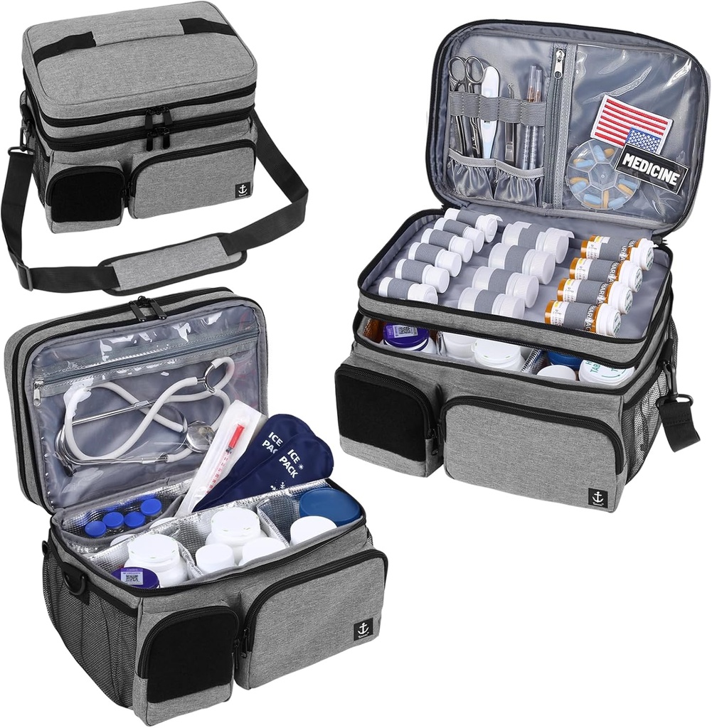 Double Layers Medicine Bag עם Insulated השוואתי גלולות בקבוק מארגן עם Zipper, נסיעות תרופות מארגנת עם עדשות Soft Shoulder עבור בקבוקי גלולות, מטענים רפואיים
