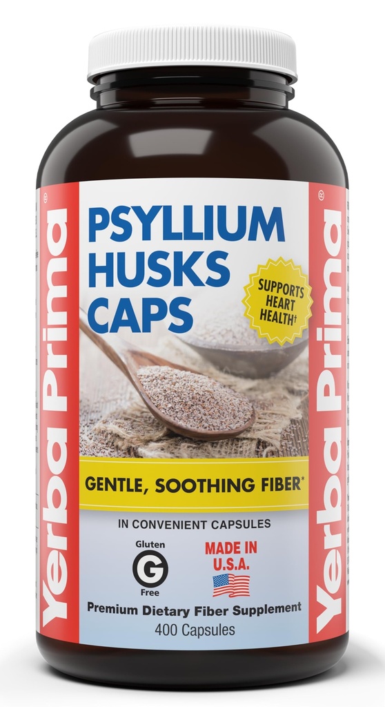 Yerba Prima Psyllium Husks Caps, 625 מ"ג, 400 קפסולות - סיבים טבעיים לגברים ונשים - תמיכה רגילה