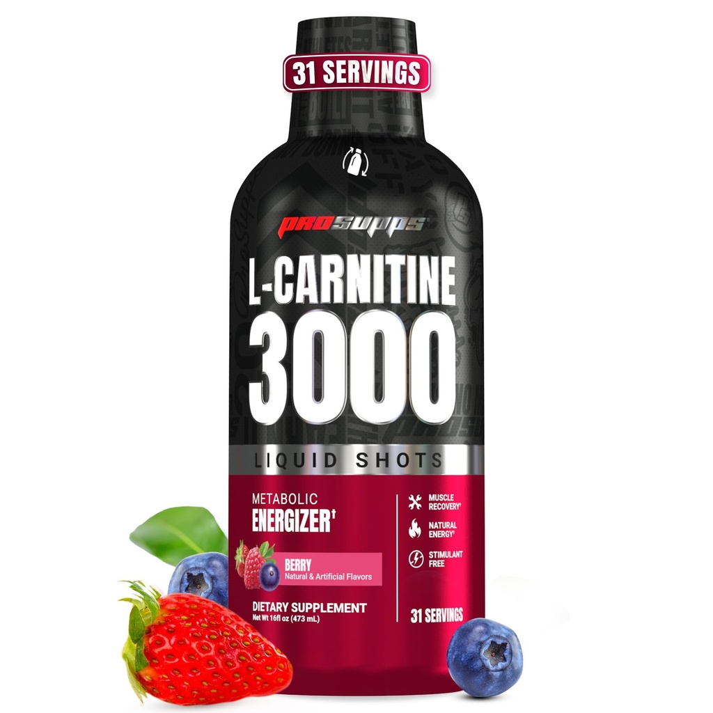 ProSupps L-Carnitine נוזלי 3000, Stimulant-free Shots for Men & Women - משקה עבודה נקי לאנרגיה, ביצועים ושיקום שרירים - No Sugar, No Carbs - 31 משרתים, ברי