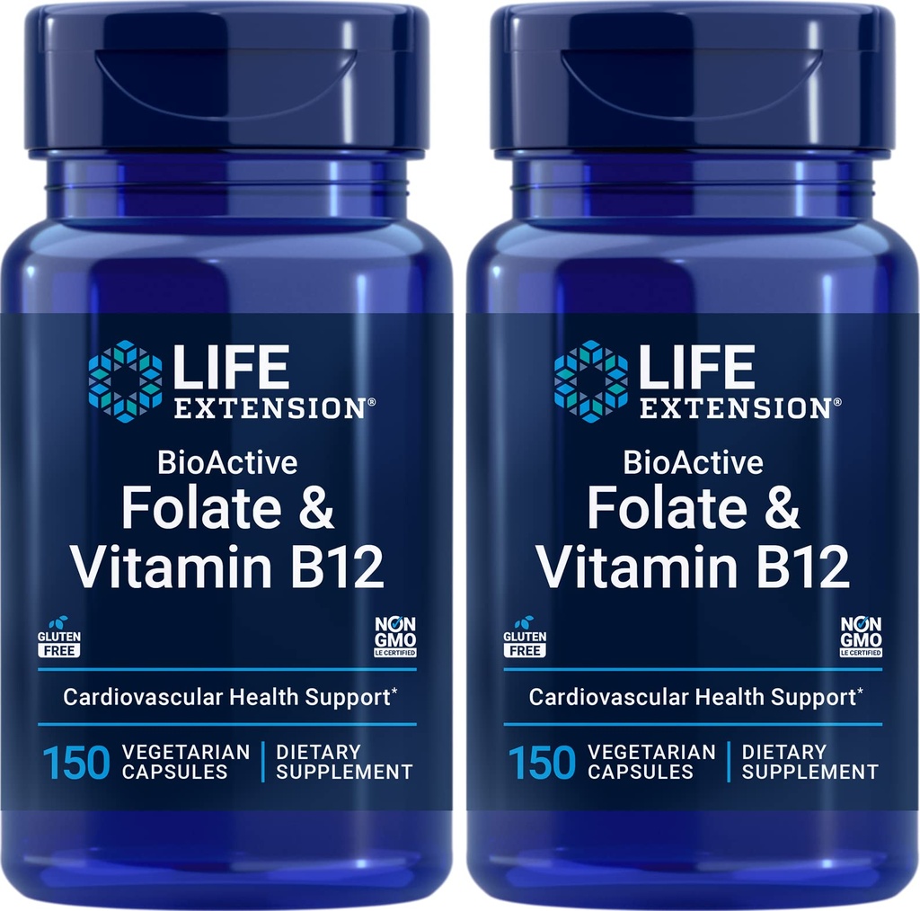 Life Extension BioActive Folate & ויטמין B12, 150 קפסולות צמחוניות (Pack of 2), Non GMO, Gluten Free