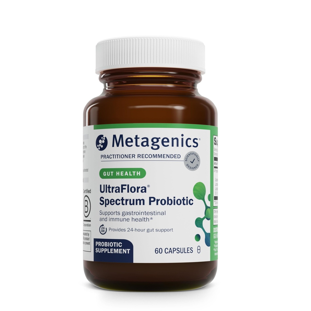Metagenics UltraFlora Spectrum - Shelf-Stable Probiotic for Gut & Digest, Healthy Microbiome & פלורה תמיכה * - Non-GMO & Gluten-Free - 2Month Supply - 60 קפסולות