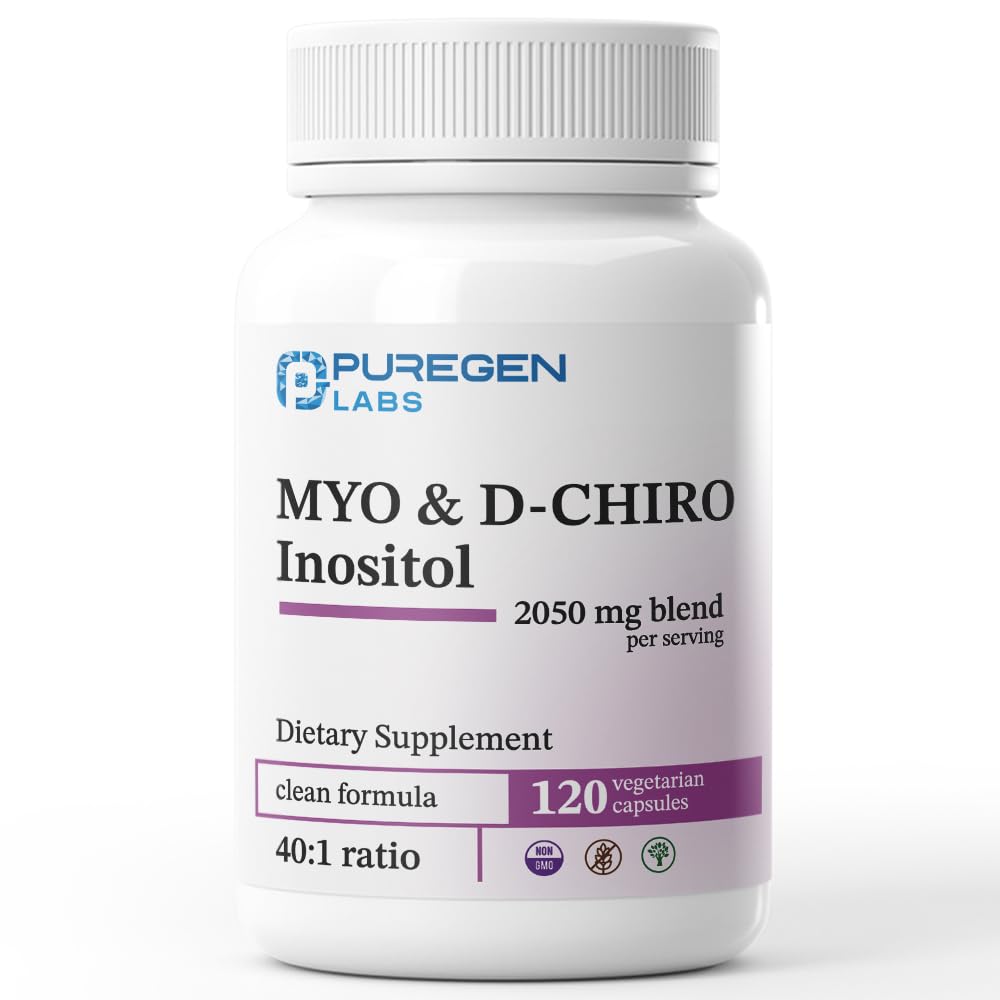 Puregen Labs Inositol תוסף | Myo Inositol & D-Chiro Inositol 2050mg - 120 Veggie Caps | No Harmful Additives