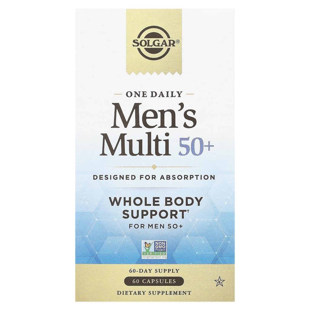 Solgar One Daily Men's Multi 50+ Whole Body Support for Men 50 and Older Highly Absorbable נדחה לב, אנרגיה, מתח, שרירים, עצמות, תמיכה בוויטמין 60 קפסולות טבעוניות, 60 משרתים