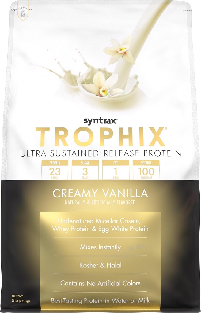 Syntrax Nutrition Trophix, Ultra Sustained-Release אבקה, Creamy Vanilla 5 lbs, Real Vanilla Ben Specks