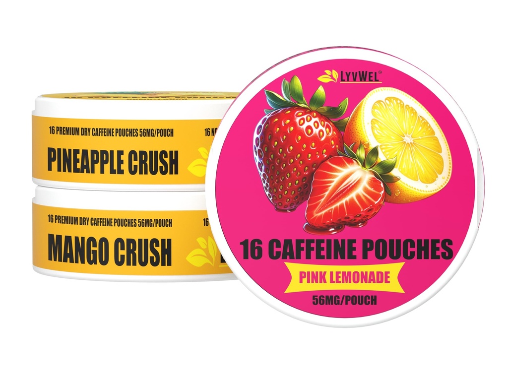 LyvWel 56 מ"ג Caffeine Energy Pouches - פינק Lemonade, Pineapple Crush, מנגו Crush - פירותy ניקוי אנרגיה & Focus Boost עם Guarana - 3Pack Sampler (48 Total Pouches)