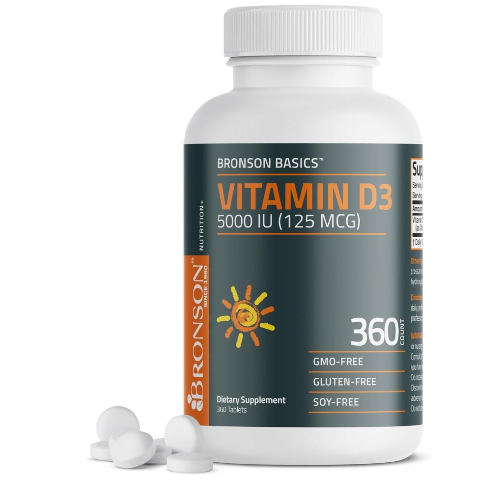 Bronson ויטמין D35000iu (125mcg) 1 שנים אספקה עבור תפקוד שרירים בריא ותמיכה במזל, Non-GMO, 360 טבליות