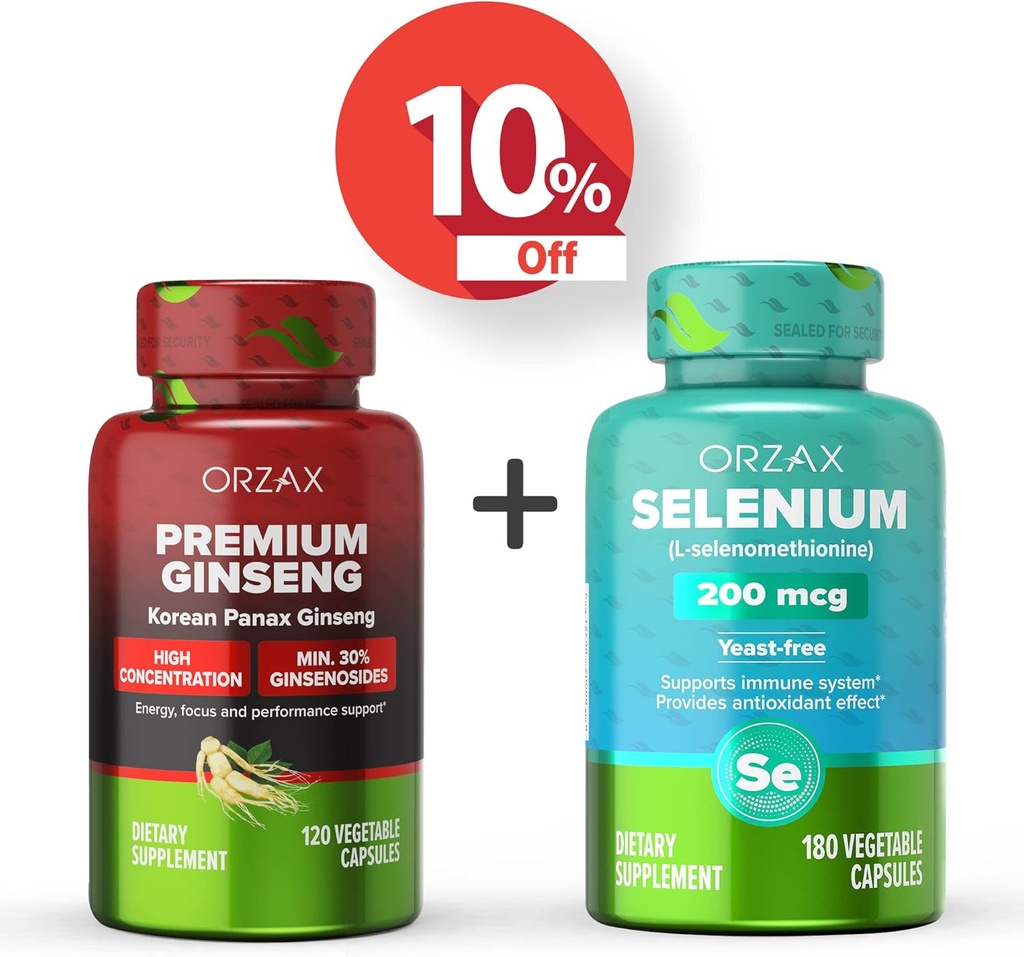 ORZAX Premium גינזנג 120 קפסולות ו- Selenium 200 Mg 180 קפסולות לוחיות, Bundlele