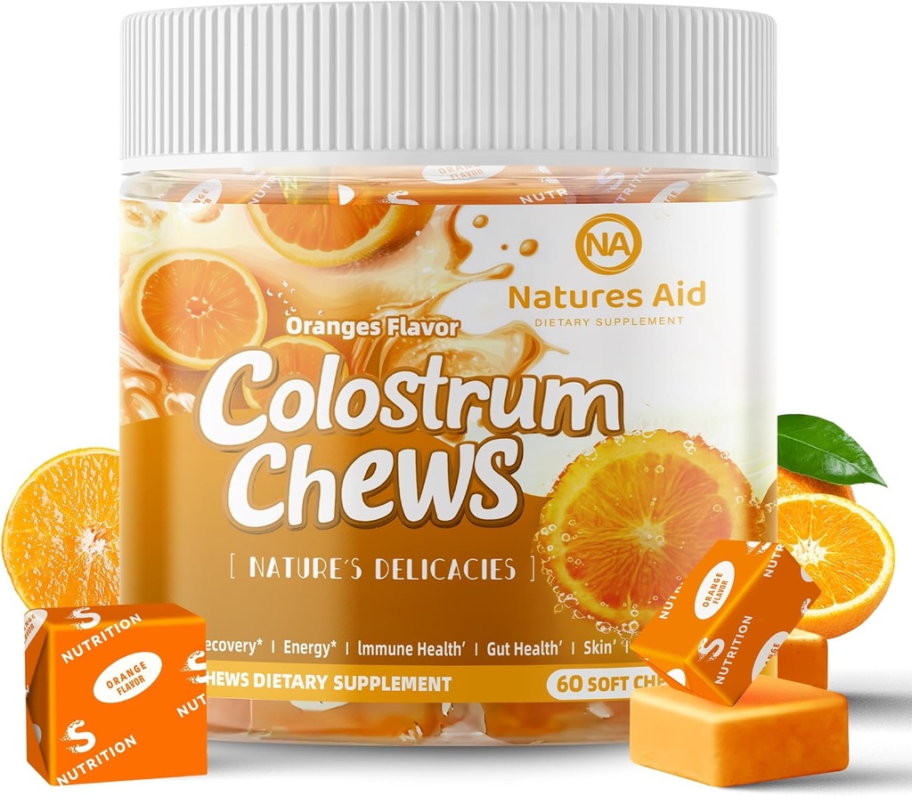Colostrum Chews תוסף עם פרוביוטיקה לבריאות Gut, Bloating, Immune Support, Skin, Hair Growth and Beauty - Orange Flavor (60 משרתים)