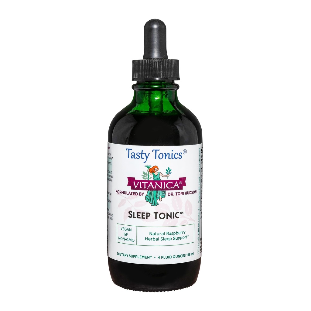 Vitanica Sleep Tonic, Natural Liquid Sleep Aid תוסף, ד"ר פורמולה, מרגיעה וקלם תמיכה למבוגרים, להקלת מתח, ולריאן שורש, לימון Balm, פרח תשוקה, טבעוני 4 אוונסצ'ס