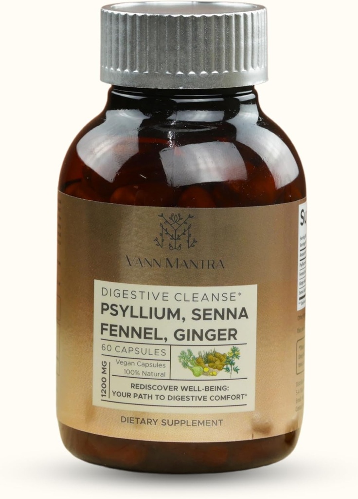 קפסולות ניקוי העיכול - 1200mg Psyllium, Senna, Fennel, ג'ינג'ר פלט - 60 Count, Natural Digestive & Health Support Supplement, Gentle Bowel Movement Aid - פורמולה טבעונית עבור Balanced Gut Health