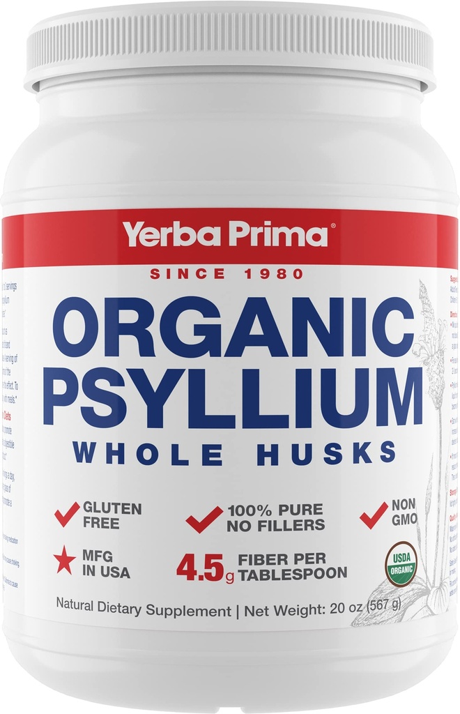 Yerba Prima אורגני Psyllium Whole Husks קולייזר - 20 oz - Natural Daily Dietary סיבים תוספת 20oz, קול נקיר, סדירות ו Detox ניקוי תמיכה, Gluten Free, non GMO, טבעוני