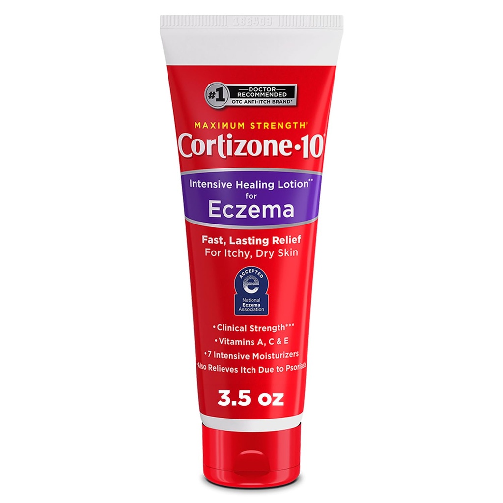 Cortizone-10 Maximum Strength Intensive Healing Itch Relief Lotion for Eczema, 1% Hydrocortisone, Fast-Acting, Anti-Itch Cream for Minor Skin Irritations, Rashes and Inflammation Due to Eczema, 3.5 oz