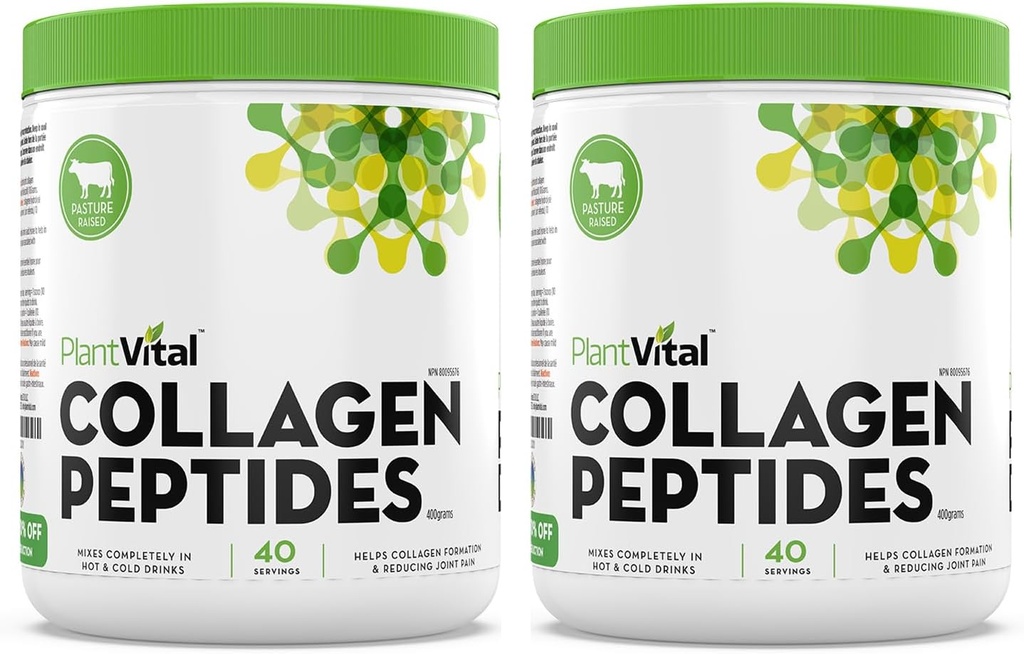 Plantvital Pure Collagen Peptides אבקת - 100% Grass להאכיל אבקת קולג'ן - non-GMO, Paleo Friendly - Disshoot, Unflavored, Made in USA. 40שרתים 400g - Pack of 2