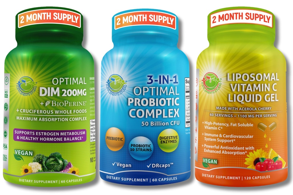 Hormonal, Digestive & Immune Support Bundle - DIM 200 מ"ג עם BioPerine® & Cruciferous Whole Foods + טבעוני 3in-1 Probiotic 50 מיליארד CFU + Liposomal ויטמין C 1100 מ"ג עם Acerola Cherry - No Fillers