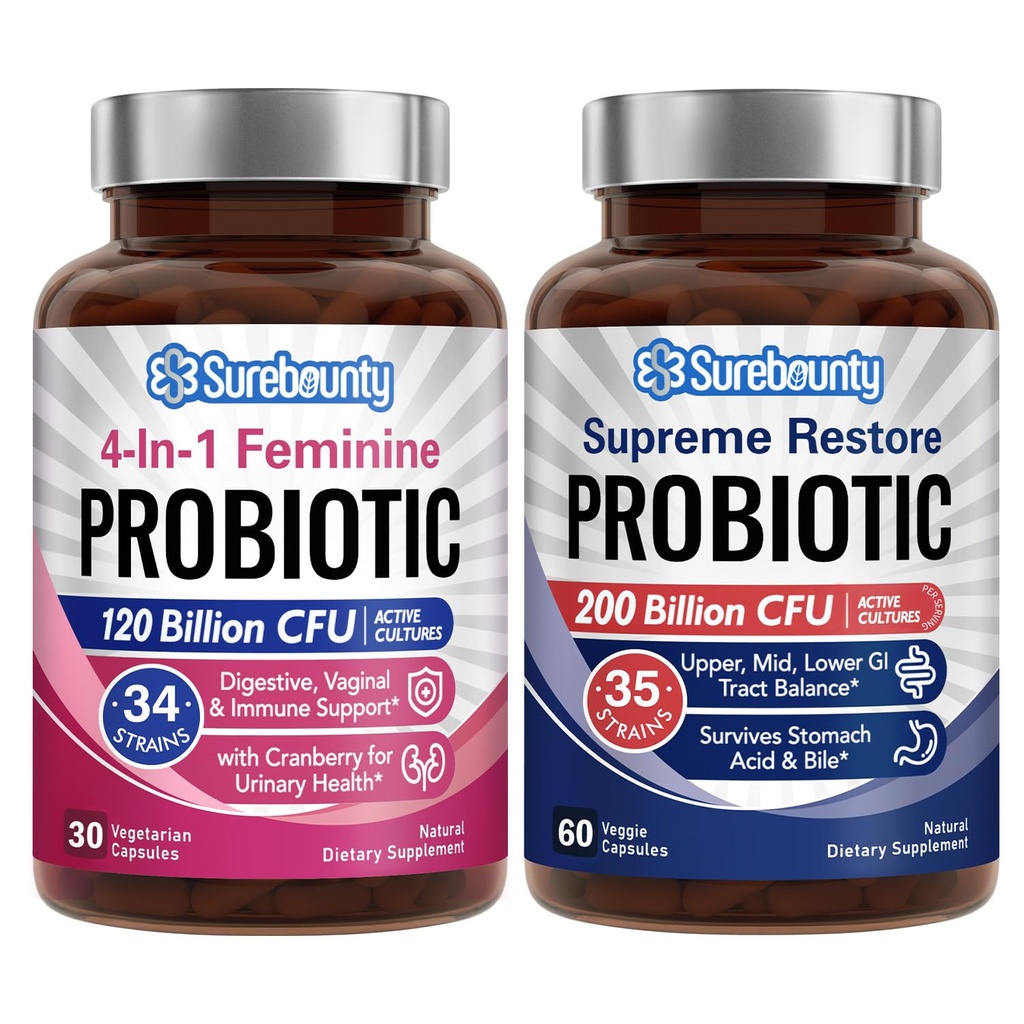 Probiotic Bundle, 4-in-1 Feminine Probiotic (30ct) & Supreme Restore Probiotic (60ct), 2 Packs, Cranberry Vaginal Support, GI Tract Balance, Vegan, Non-Dairy