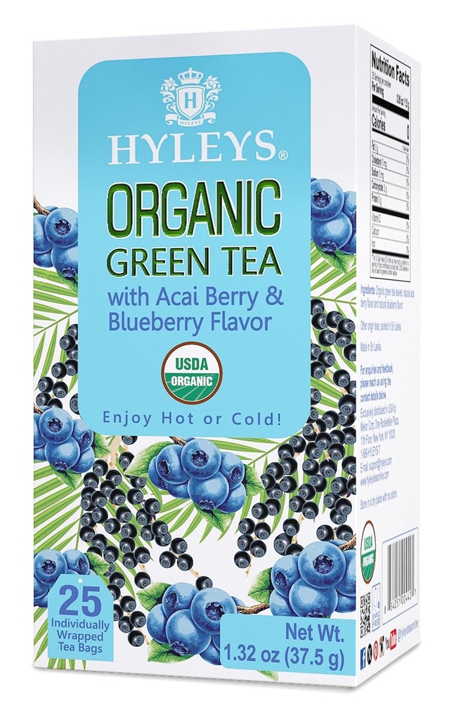 Hyleys Organic Green Tea Acai ברי ו Blueberry Flavor - 25 Tea Bags - (6 Pack - 150 Tea Bags Total)