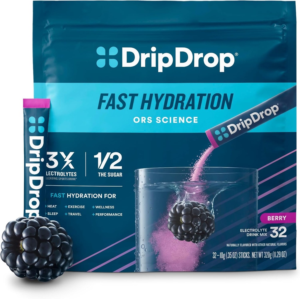 DripDrop hydrotion Packets - ברי - Single Serve Electrolytes אבקת משקה Mix - non-GMO, Gluten Free, טבעוני - 32 Sticks