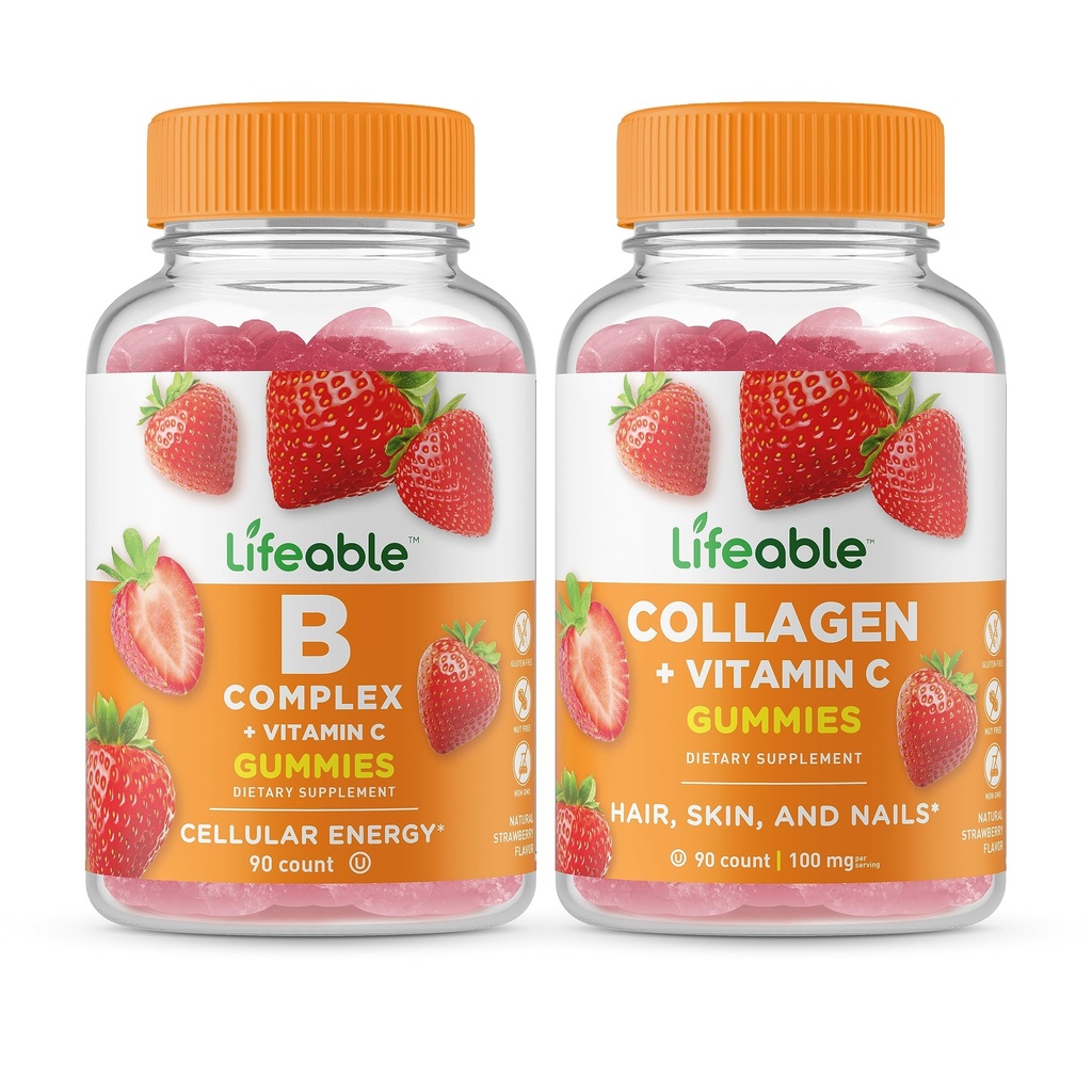 Lifeable B Complex + Collagen & ויטמין C, חניכיים בונדלה - גדול Tasting, ויטמין תוסף, Gluten Free, GMO חינם, Chewable Gummymymy