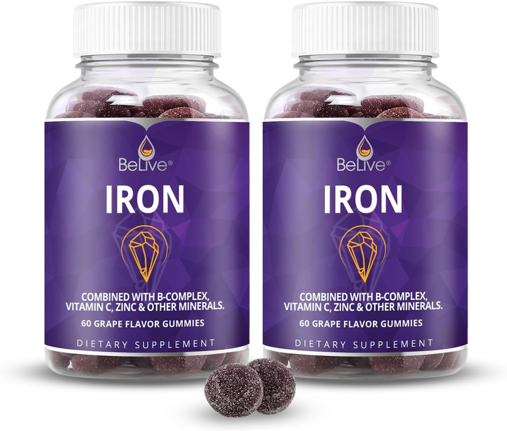BeLive Iron Gummies - Multivitamin Iron תוסף עם ויטמין C, A, B & Zinc, תומך בחמצן הדם, תוספת טבעונית לנשים, גברים וילדים לצמיחה ופיתוח - Grape Flavor | 2Pack