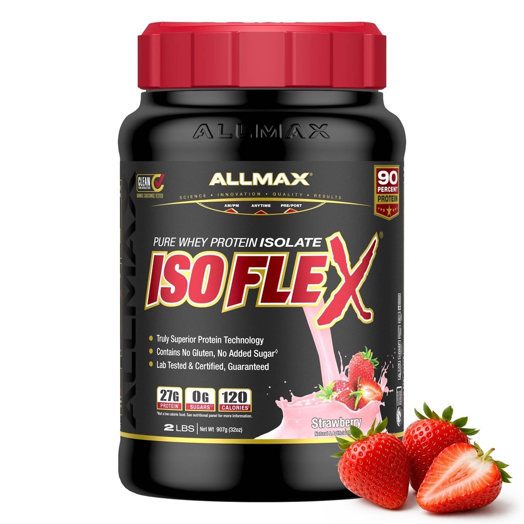 AllMAX Nutrition ISOFLEX חלבון Whey חלבון Isolate, Strawberry - 2 lb - 27 גרמות של חלבון Per Scoop - Zero Fat & Sugar - 99% Lactose חינם - Gluten Free & Soy חינם - Approximate 30 משרתות